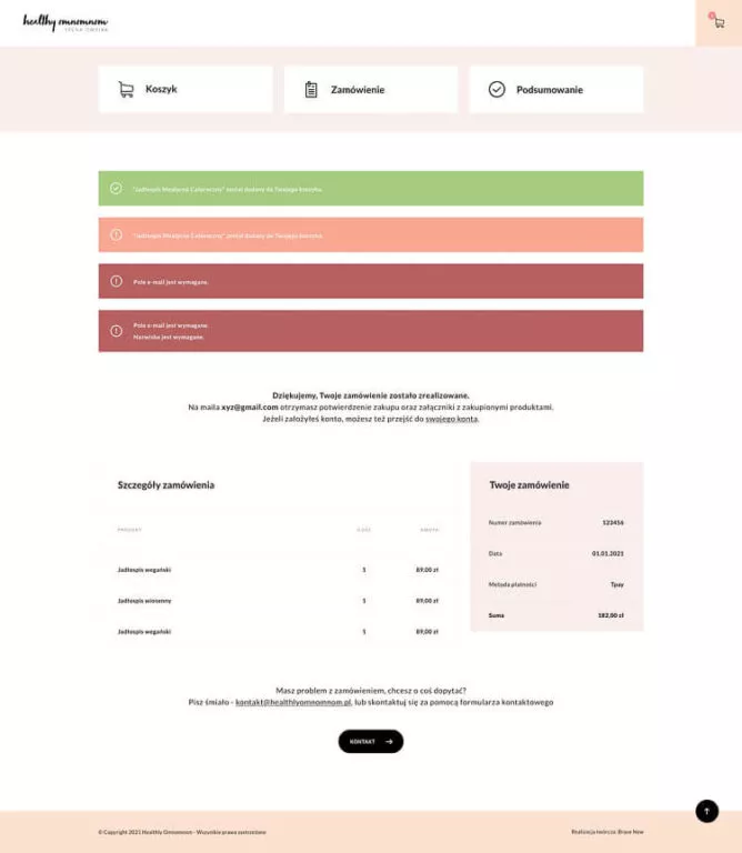 Zrzut ekranu przedstawiający stronę po pomyślnym złożeniu zamówienia