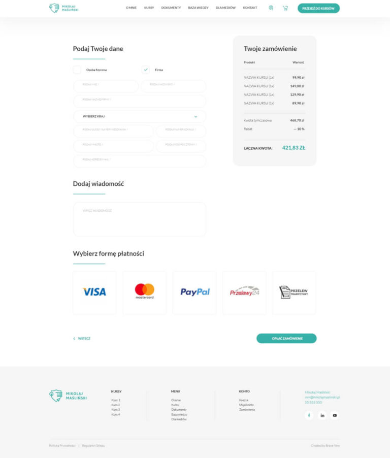 Screenshot of website with order form