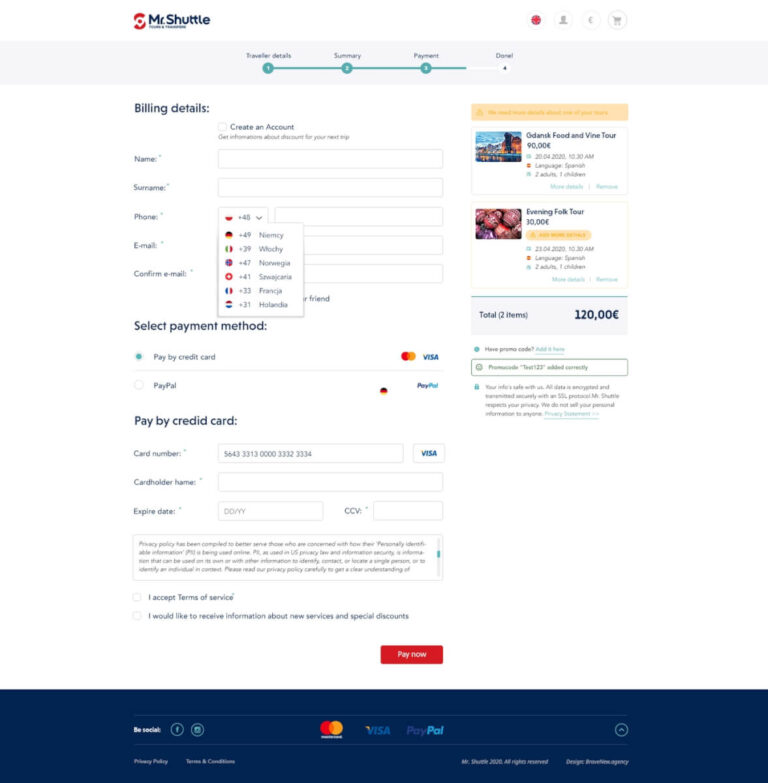 Screenshot of the page showing the fields to fill in when ordering